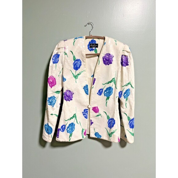 VTG Sequin Jacket Union Tag Sz 8 flowers Retro Elegant Festive Glam - Picture 2 of 10